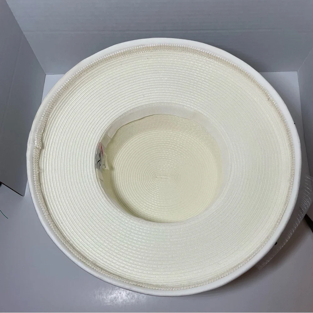 Ivory Women's Hat Rhinstone Pin Ribbon Church Derby Tea Summer Wedding Wide Brim